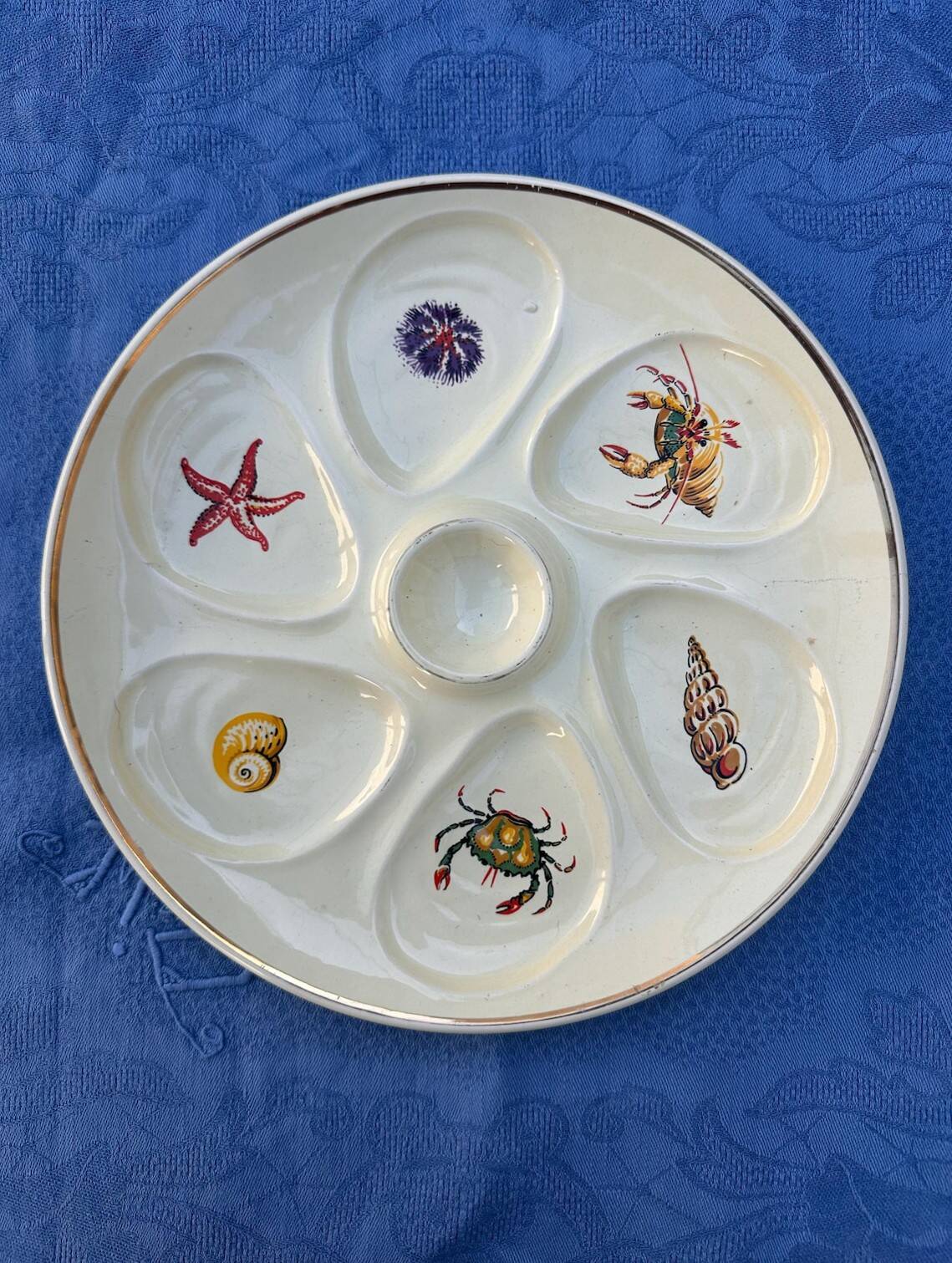 Vintage cream oyster plates Salins France seafood marine decor
