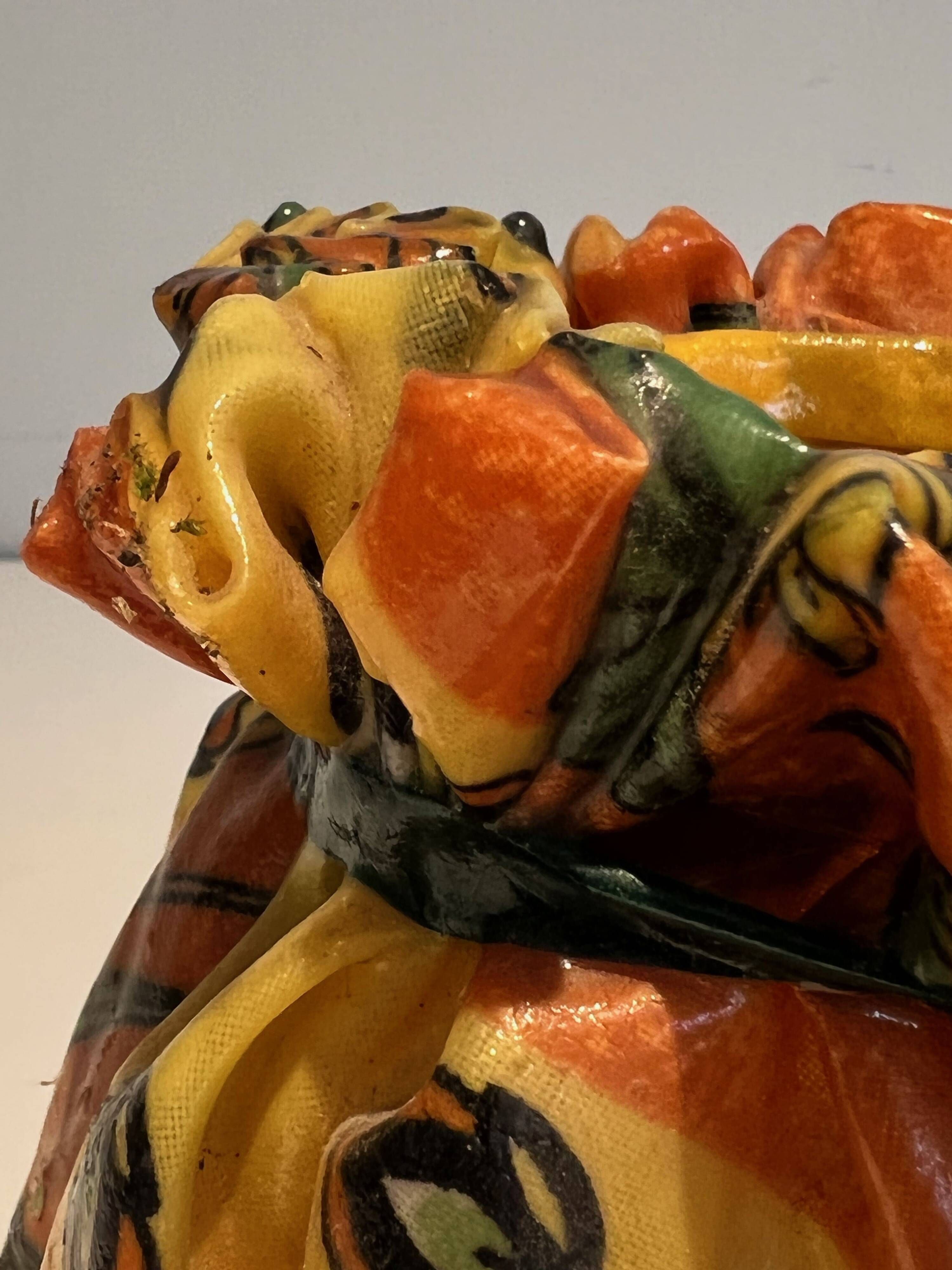 Trompe-l'Œil Ceramic Vase in the Shape of a Knotted Bag with Floral Decoration. Work