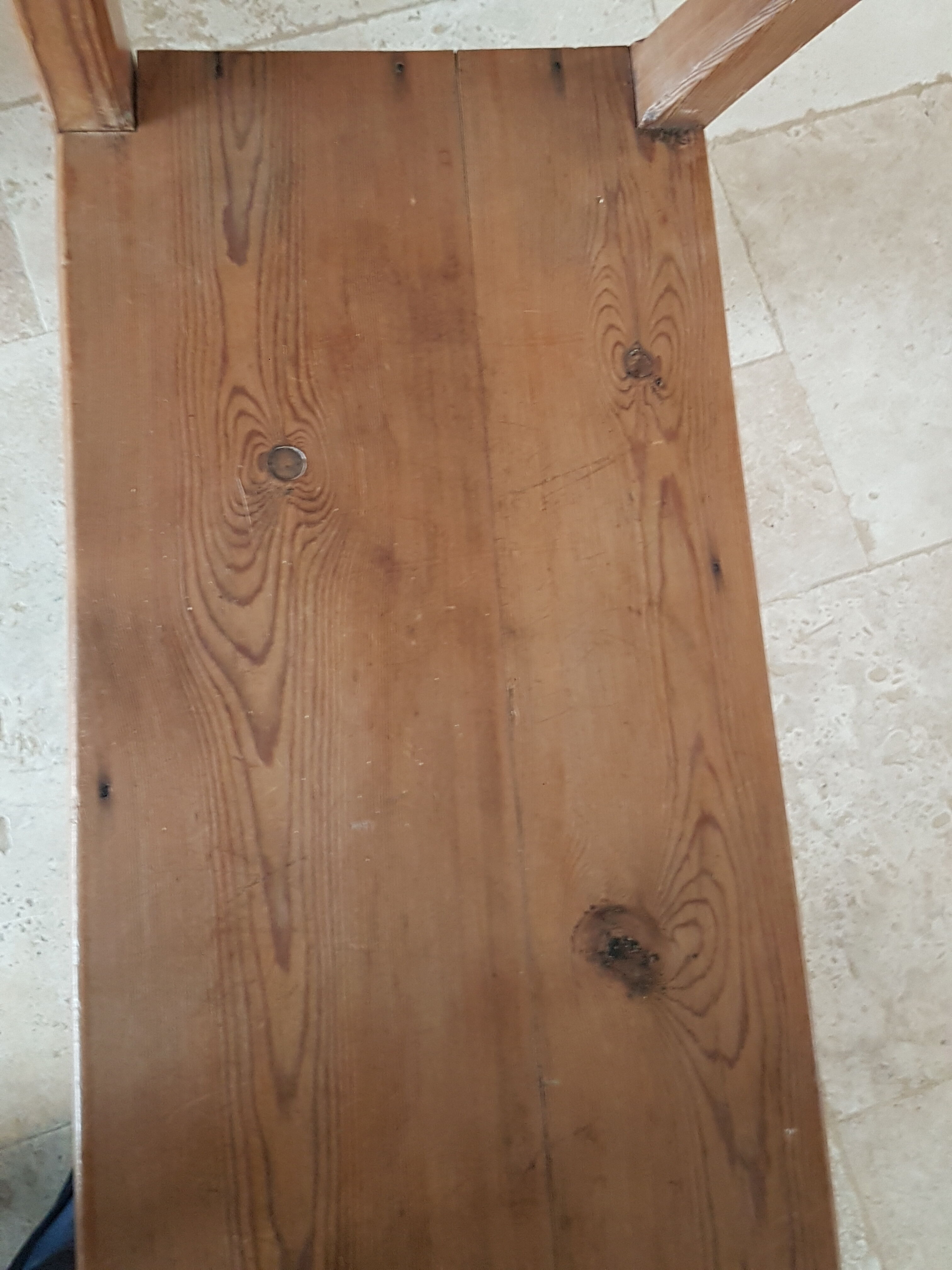 Church bench in fir tree with armrests