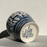 Blue and white Portuguese handmade vase with stylized pastoral pattern H:12,5cm