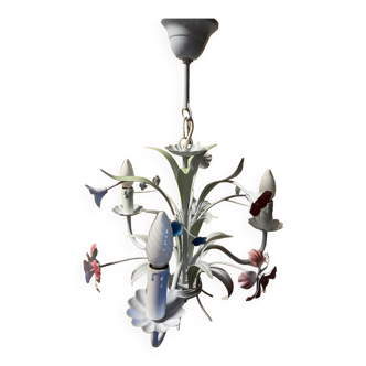 Antique florentine ceiling chandelier floral bouquet design 1970 decorative art sheet metal