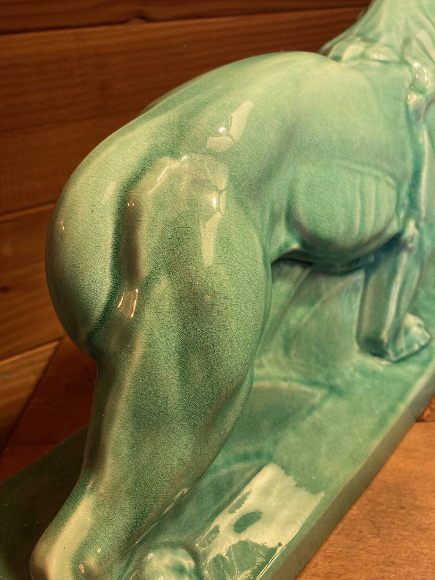 Large Art Deco lion sculpture, in crackled enamel, Peugeot, 1934, Le Jan