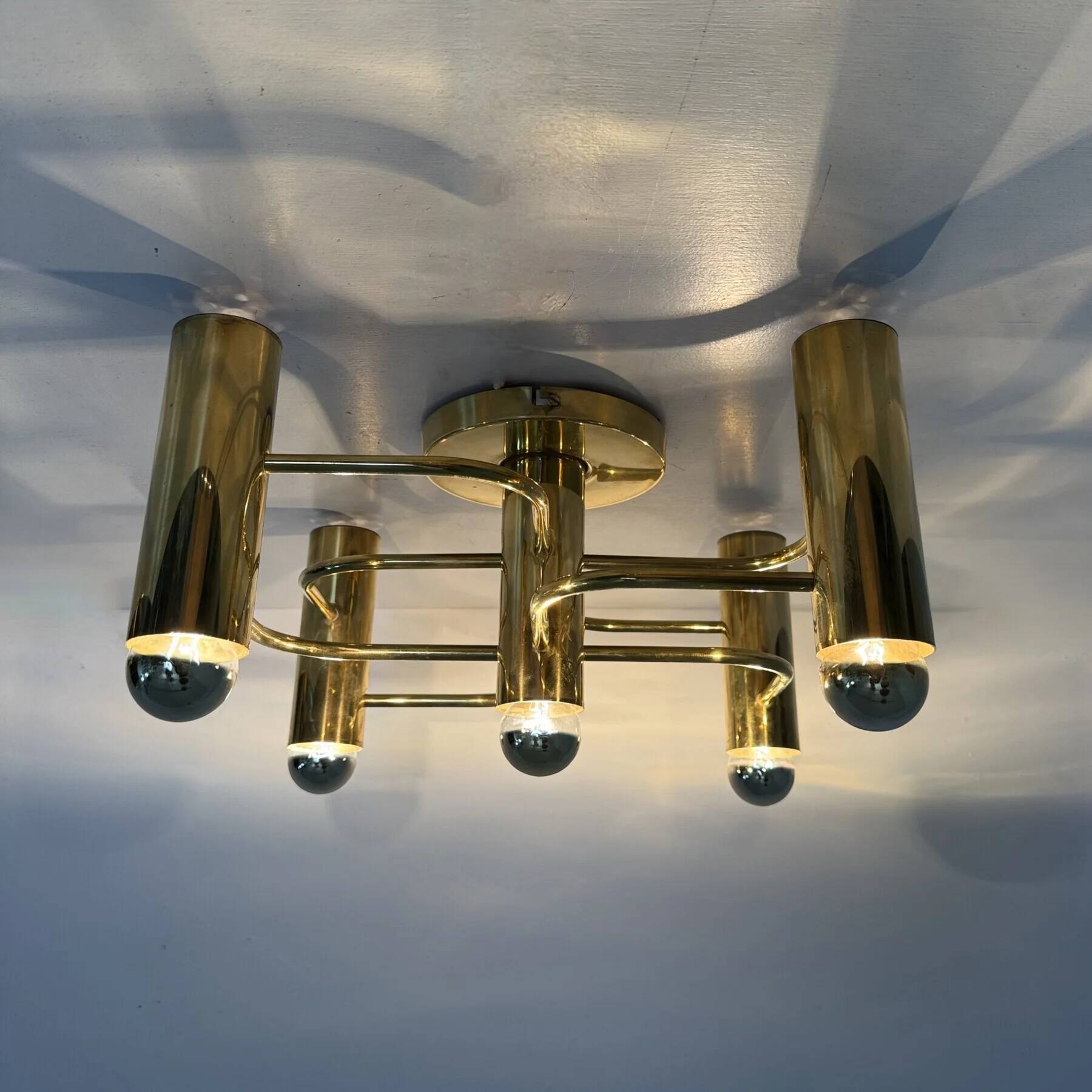 Vintage mid-century modern brass ceiling lamp Leola flushmount by Sciolari, Germany, 1970s