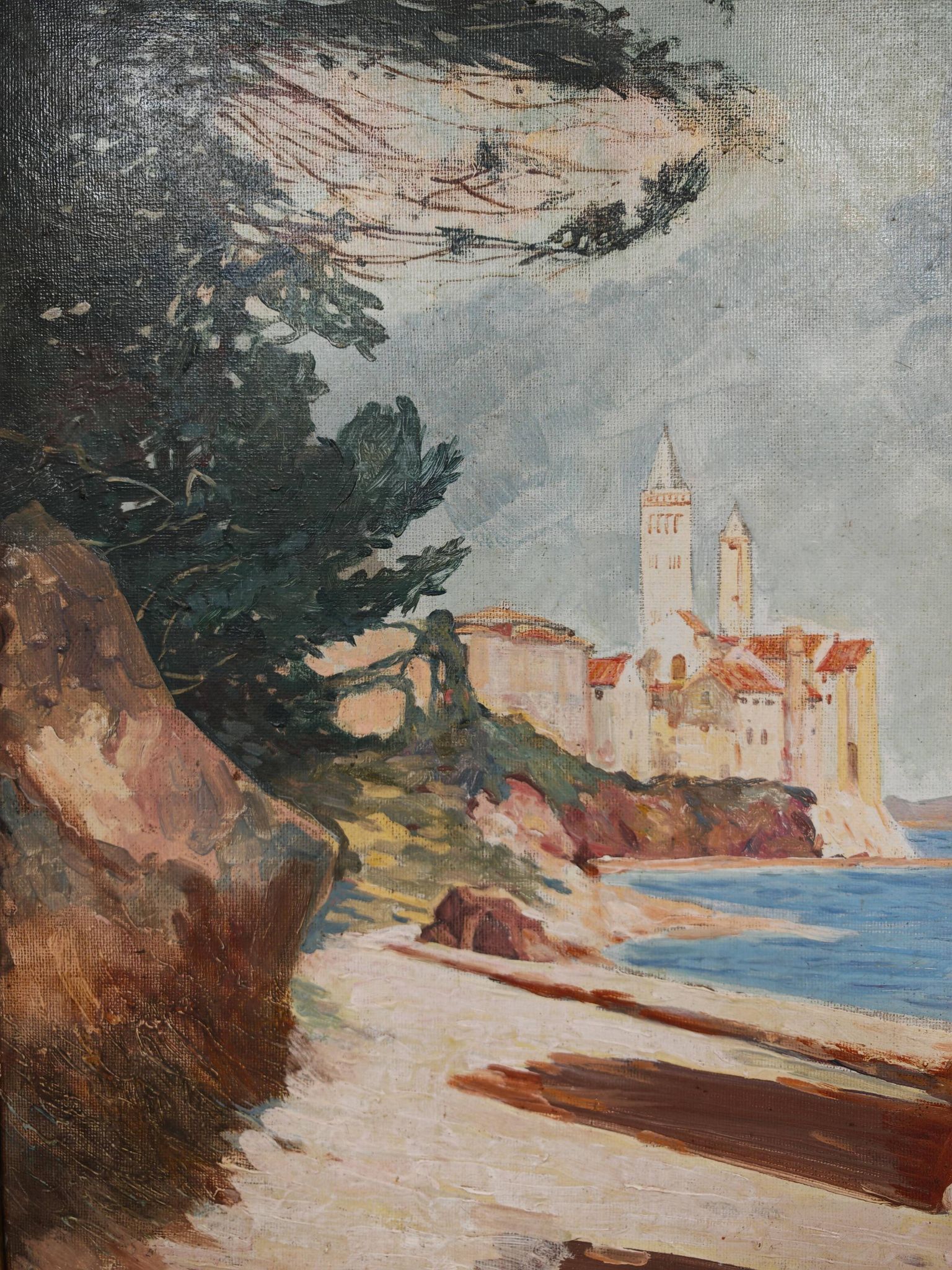 Rab Island, oil on hardboard by Bogoslav Vojinović Pelikan 1926