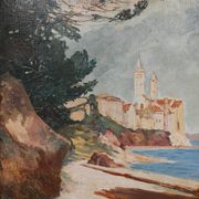 Rab Island, oil on hardboard by Bogoslav Vojinović Pelikan 1926