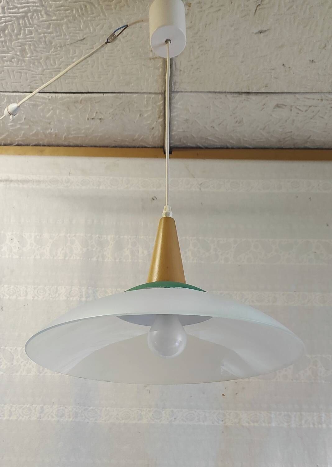 Scandinavian style pendant light in glass and wood - late 20th century