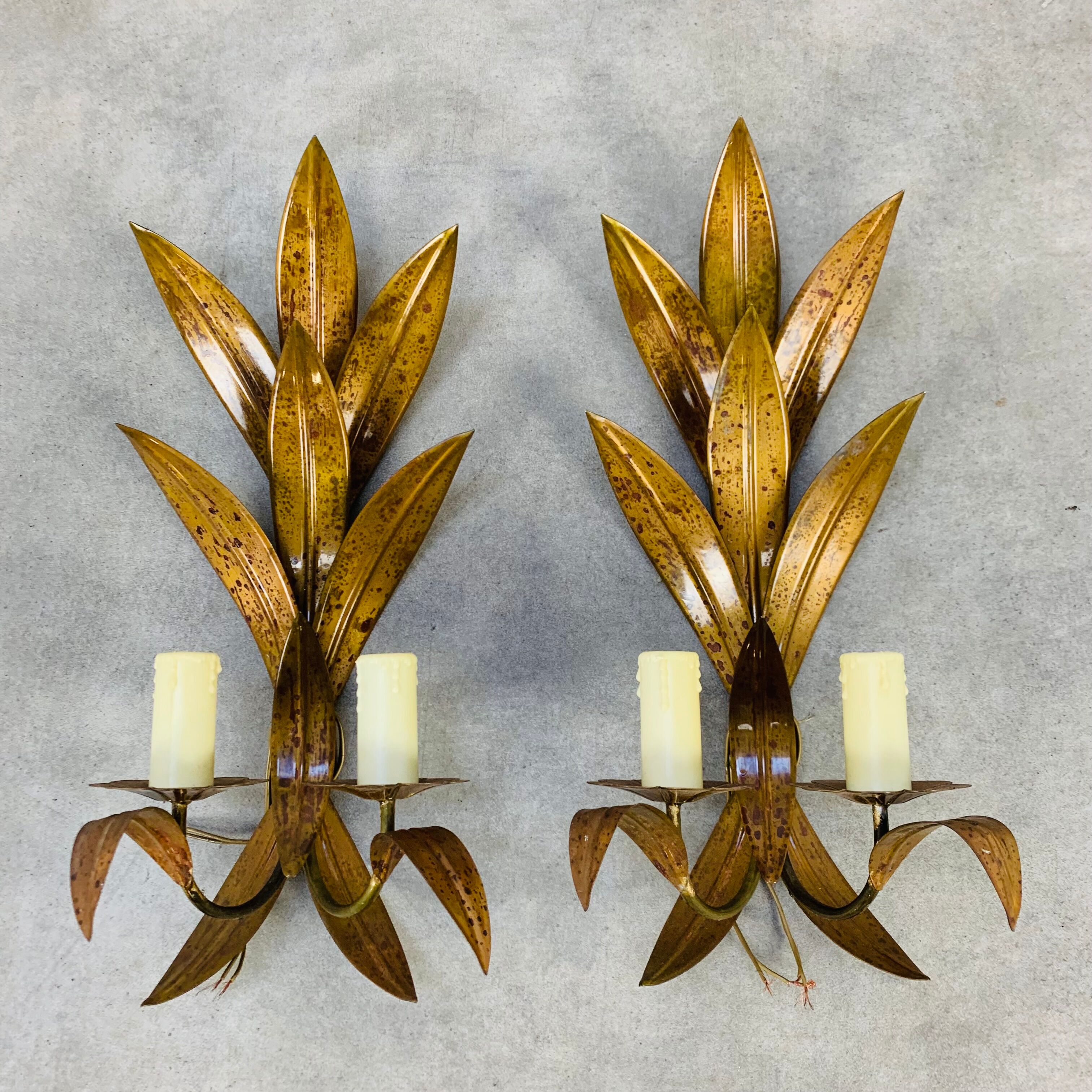 Pair of copper golden leaf sconces