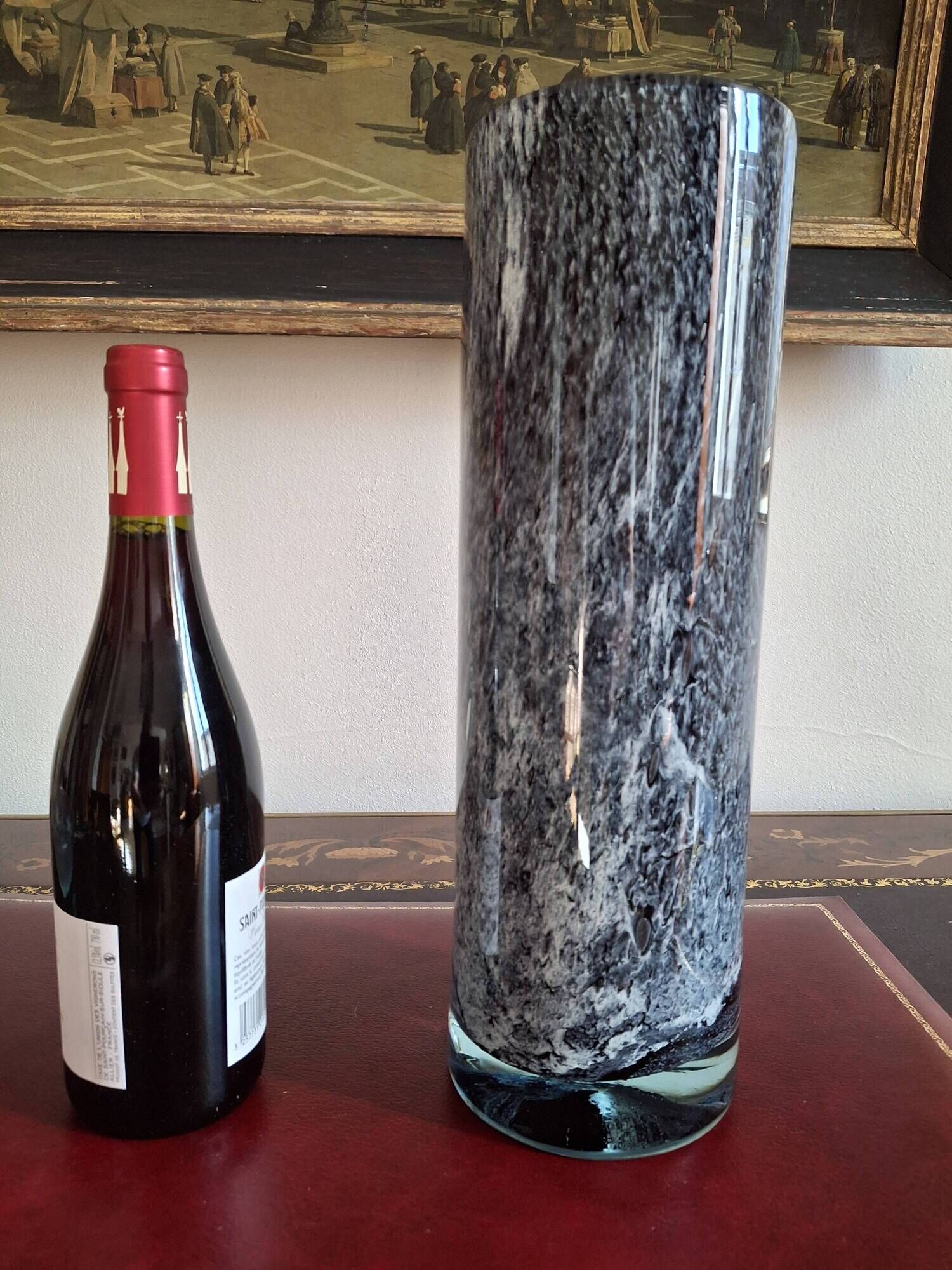 Large blown glass roller vase with speckled gray/purple camaieu decor