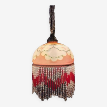 Old art deco pendant light, painted opaline globe and pearl fringes, 1920