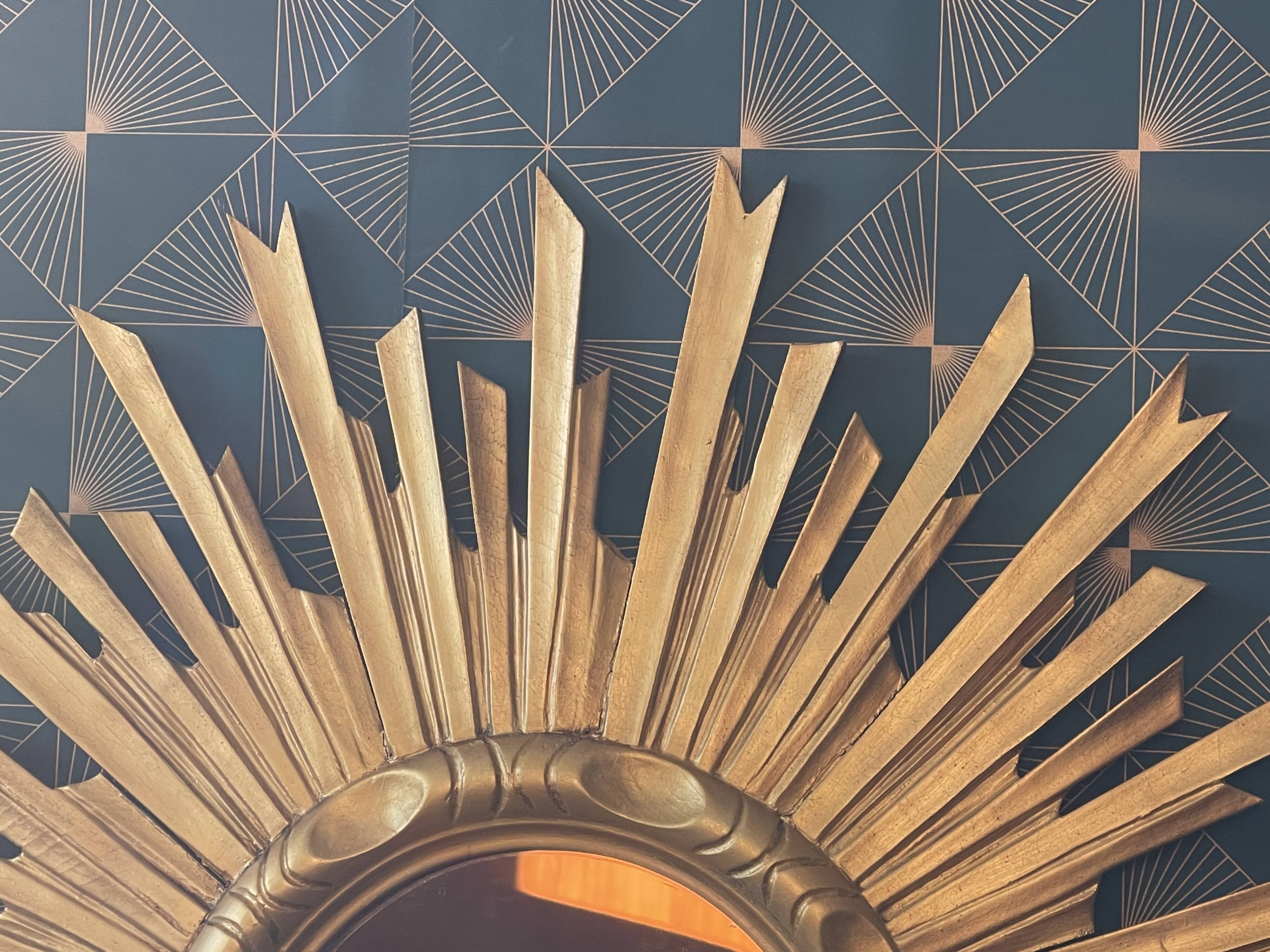 Old gilded wood sun mirror, 70 cm, mid-20th century