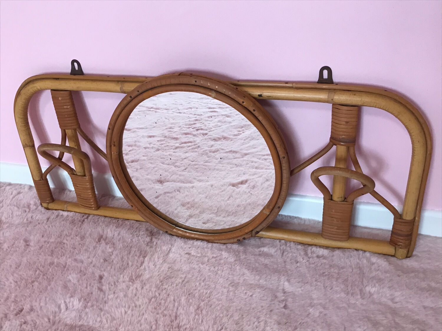 Rattan coat rack and vintage mirror