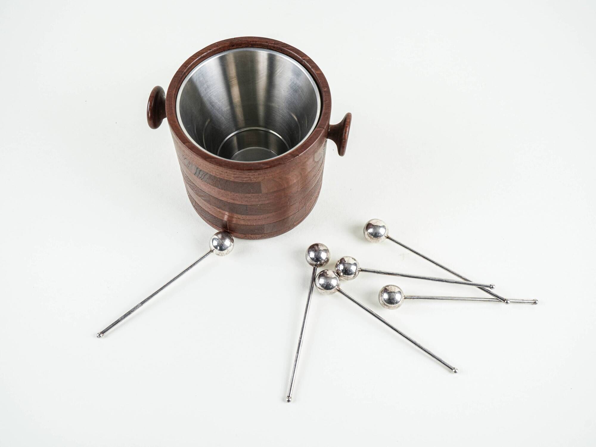 Danish teak and steel ice bucket, 1970s, Scandinavian Modern barware