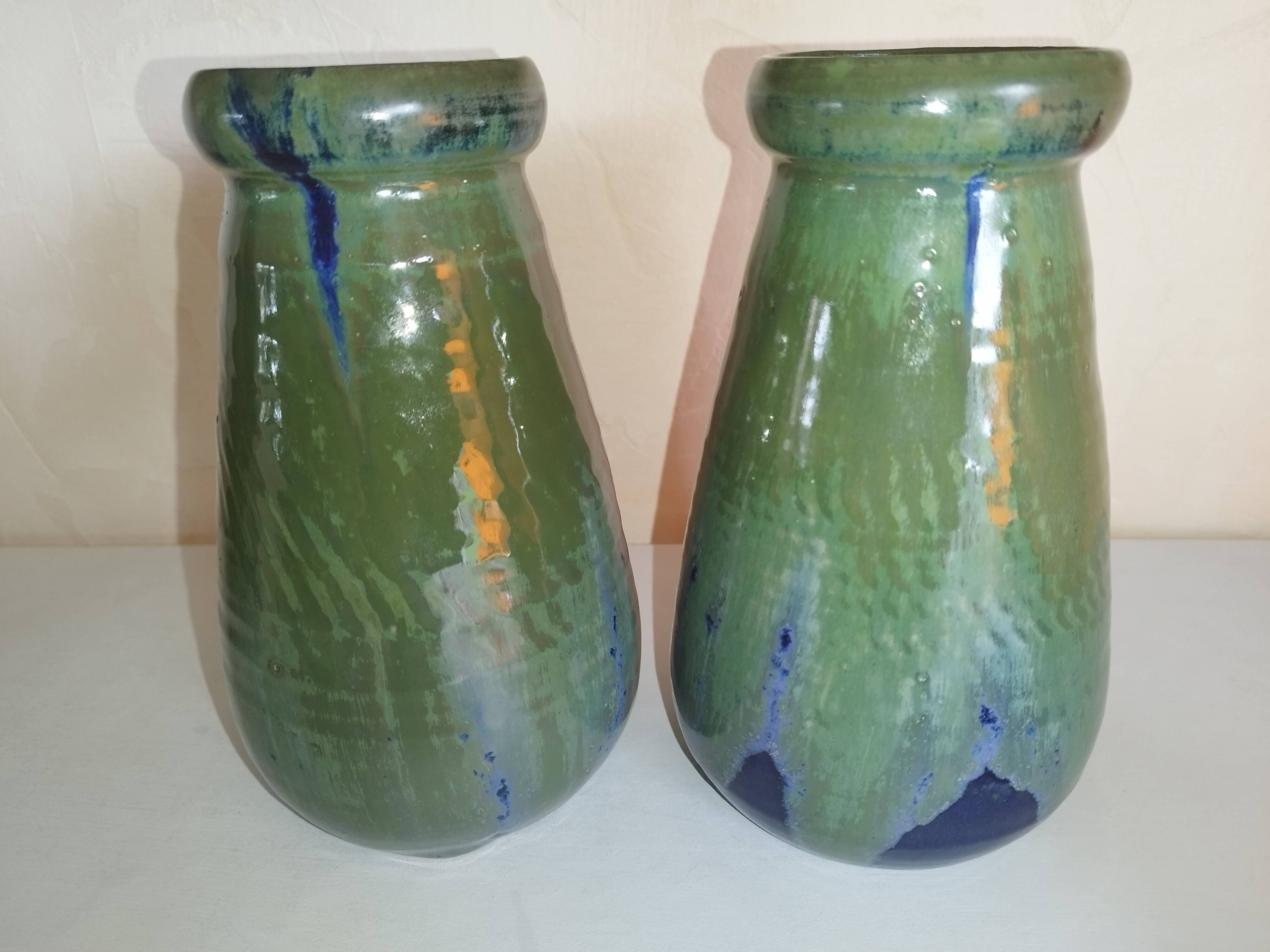 Green and blue stoneware vase from Puisaye by Léon Pointu.