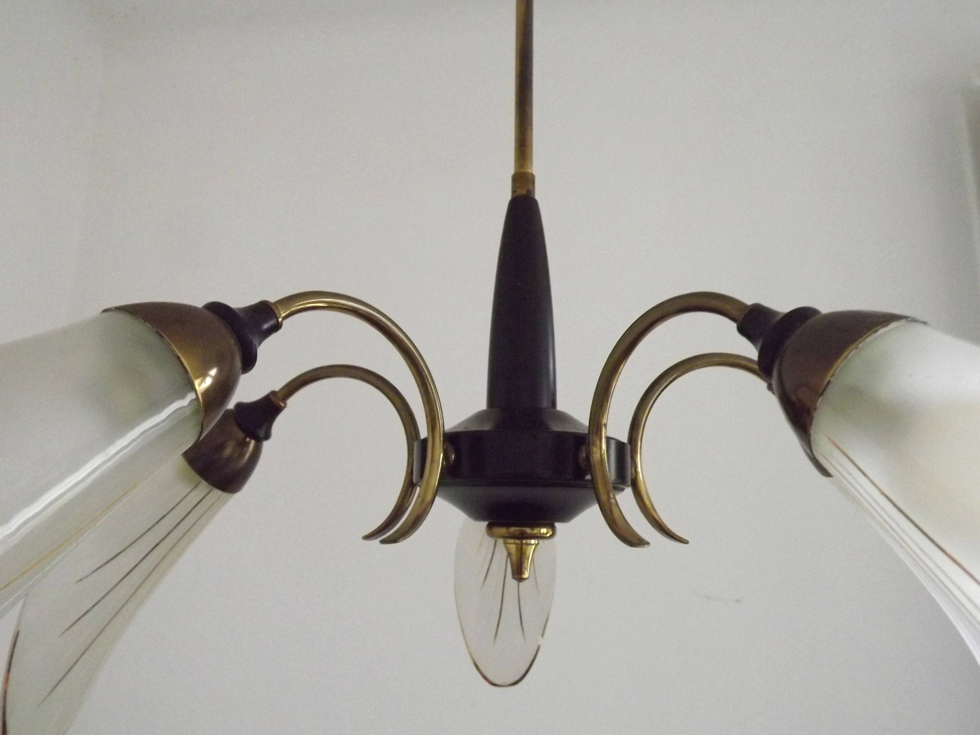 French Vintage Retro Mid Century Black & Gold 5 Arm Chandelier with Glass Shades 5080