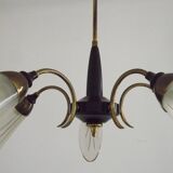 French Vintage Retro Mid Century Black & Gold 5 Arm Chandelier with Glass Shades 5080