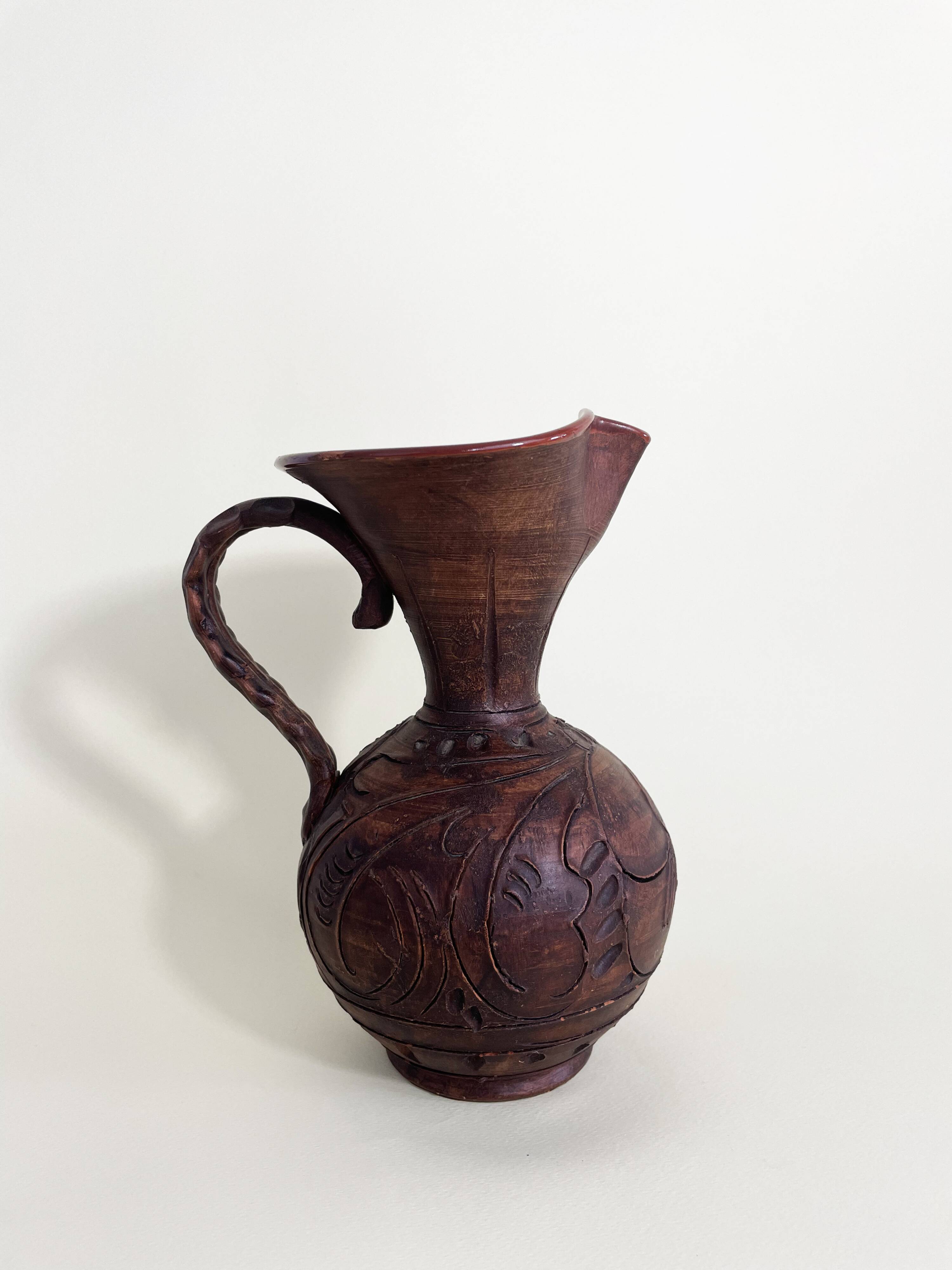 Terracotta Pitcher Vase with Enameled Interior and Engraved Wood Effect
