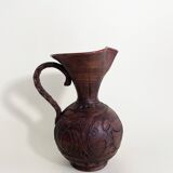 Terracotta Pitcher Vase with Enameled Interior and Engraved Wood Effect