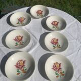 7 soup plates, Gien France, princess model, enameled ceramic floral pattern, roses, painted