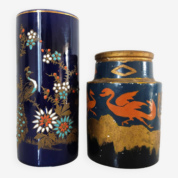 Two small vases, one with dragons and one scroll with peacock