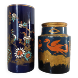 Two small vases, one with dragons and one scroll with peacock