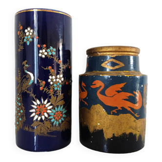 Two small vases, one with dragons and one scroll with peacock