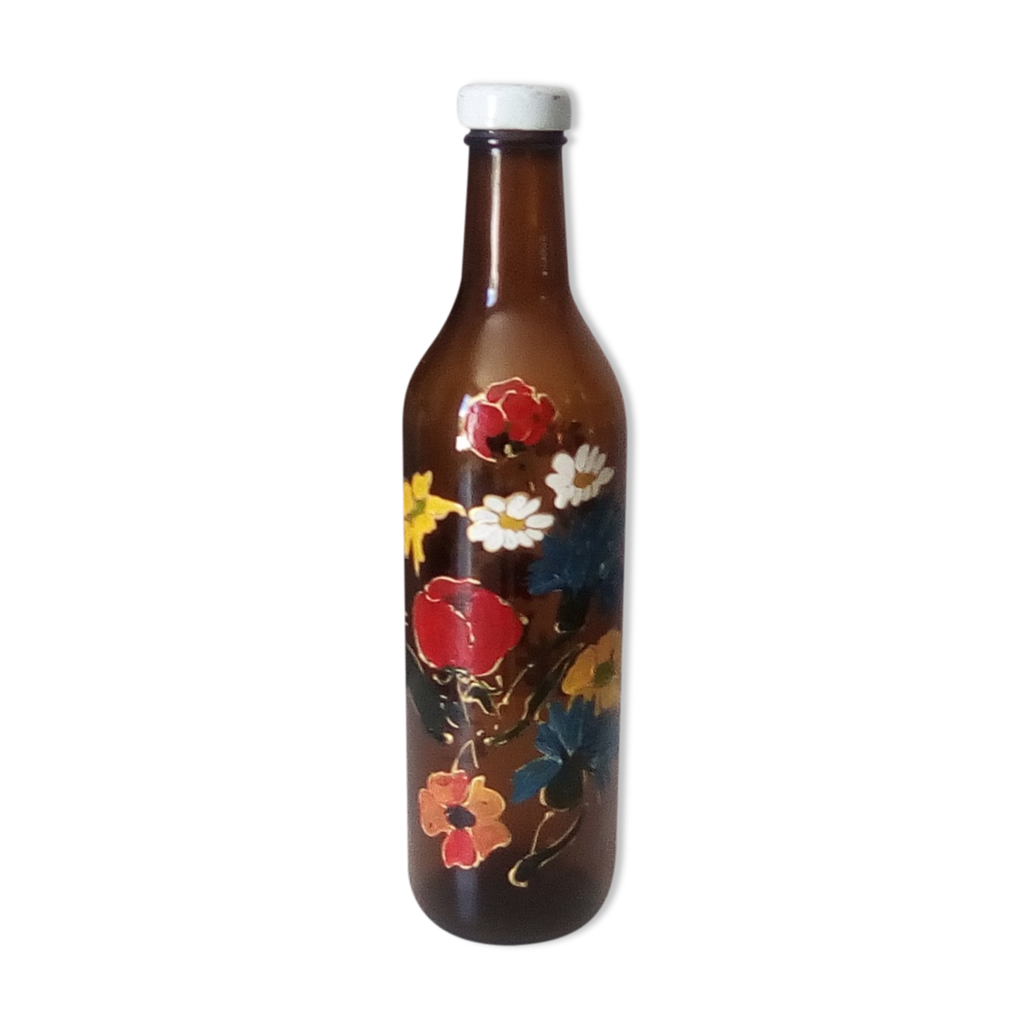 Vintage hand-painted amber glass bottle