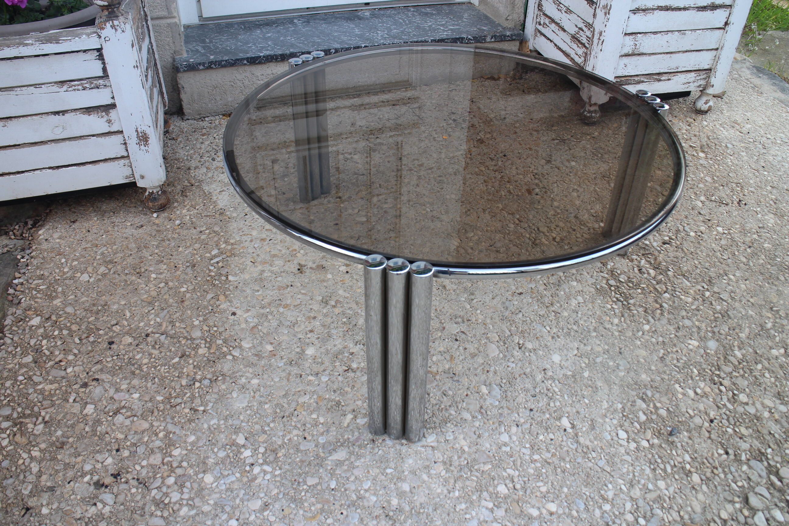 Round coffee table chrome and smoked glass 1970