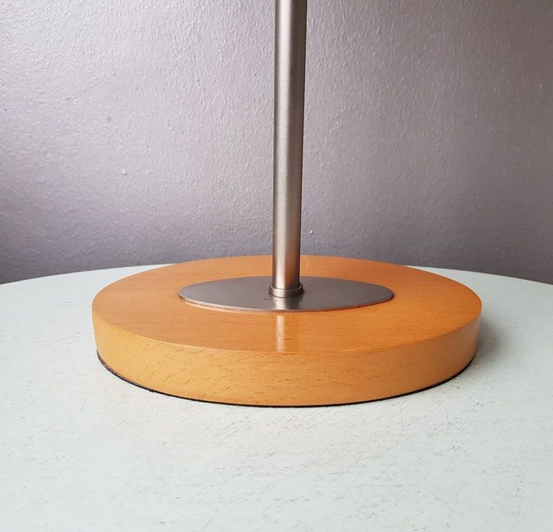 Wooden and metal lamp with plastic lampshade from the 1980s