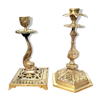 Pair of mismatched XIX bronze candle holders