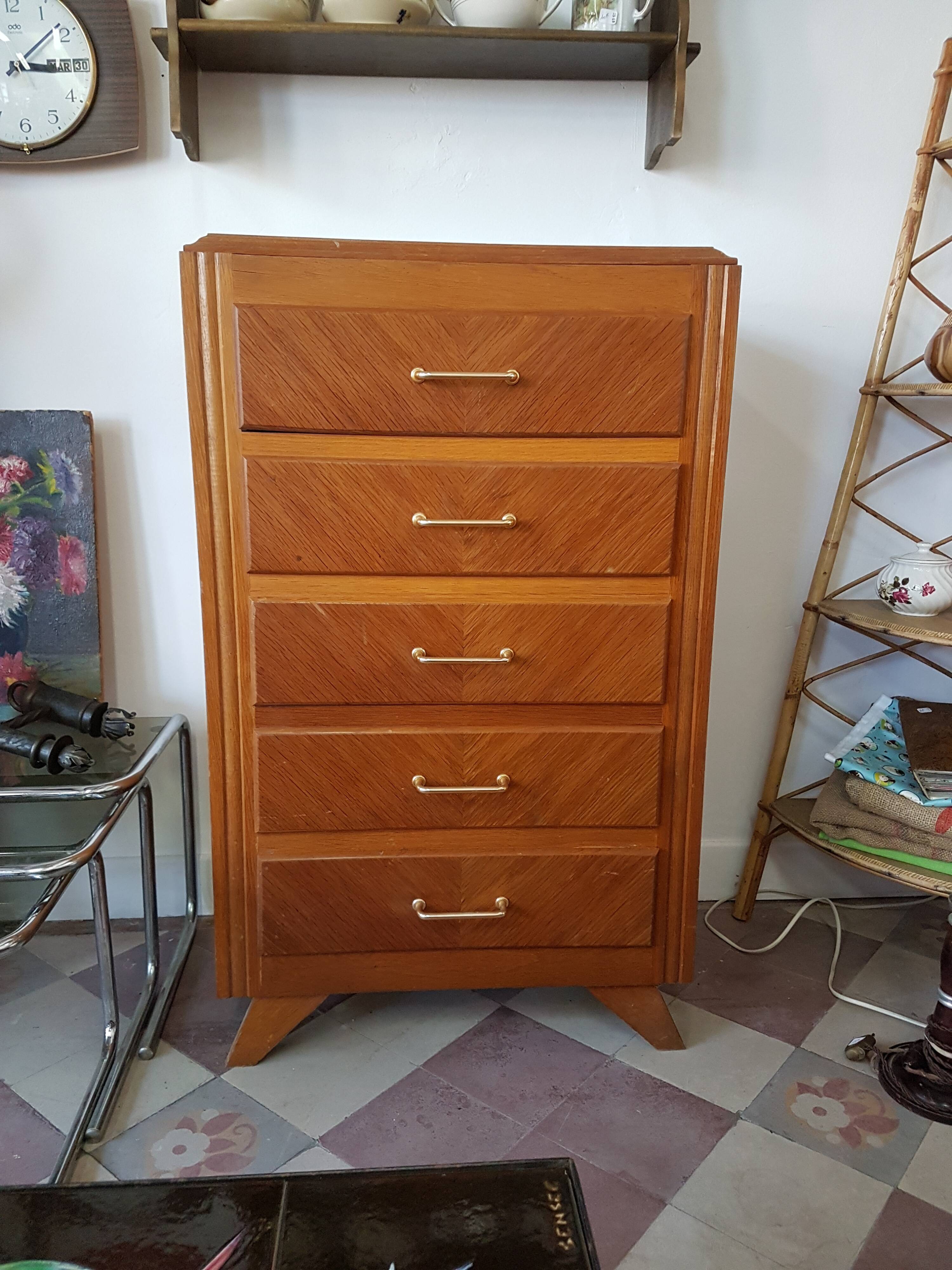 Dresser in natural wood with 5 trays, compass feet, 1960
