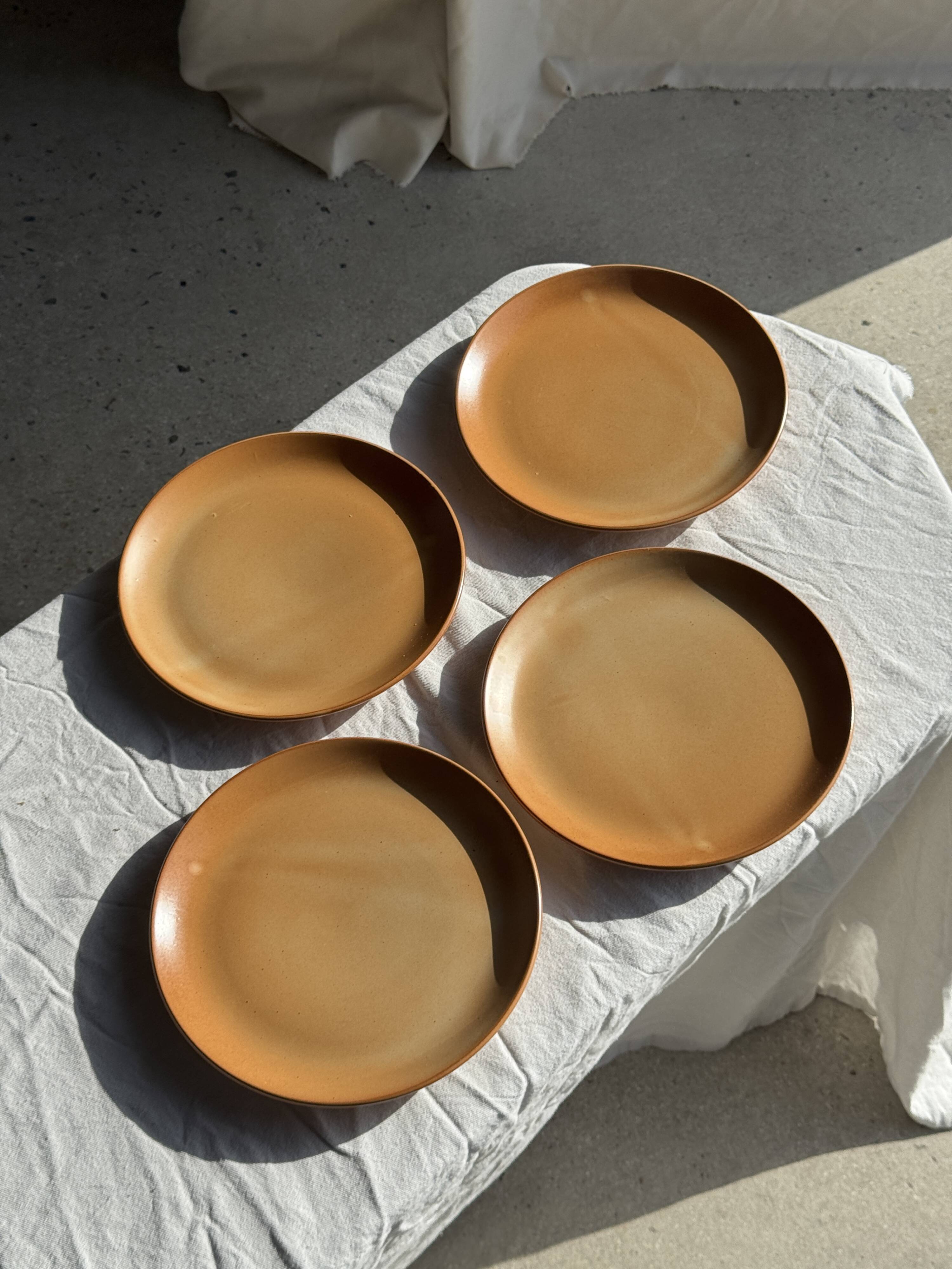 Set of 4 flat dinner plates in stoneware, no brand underneath.
