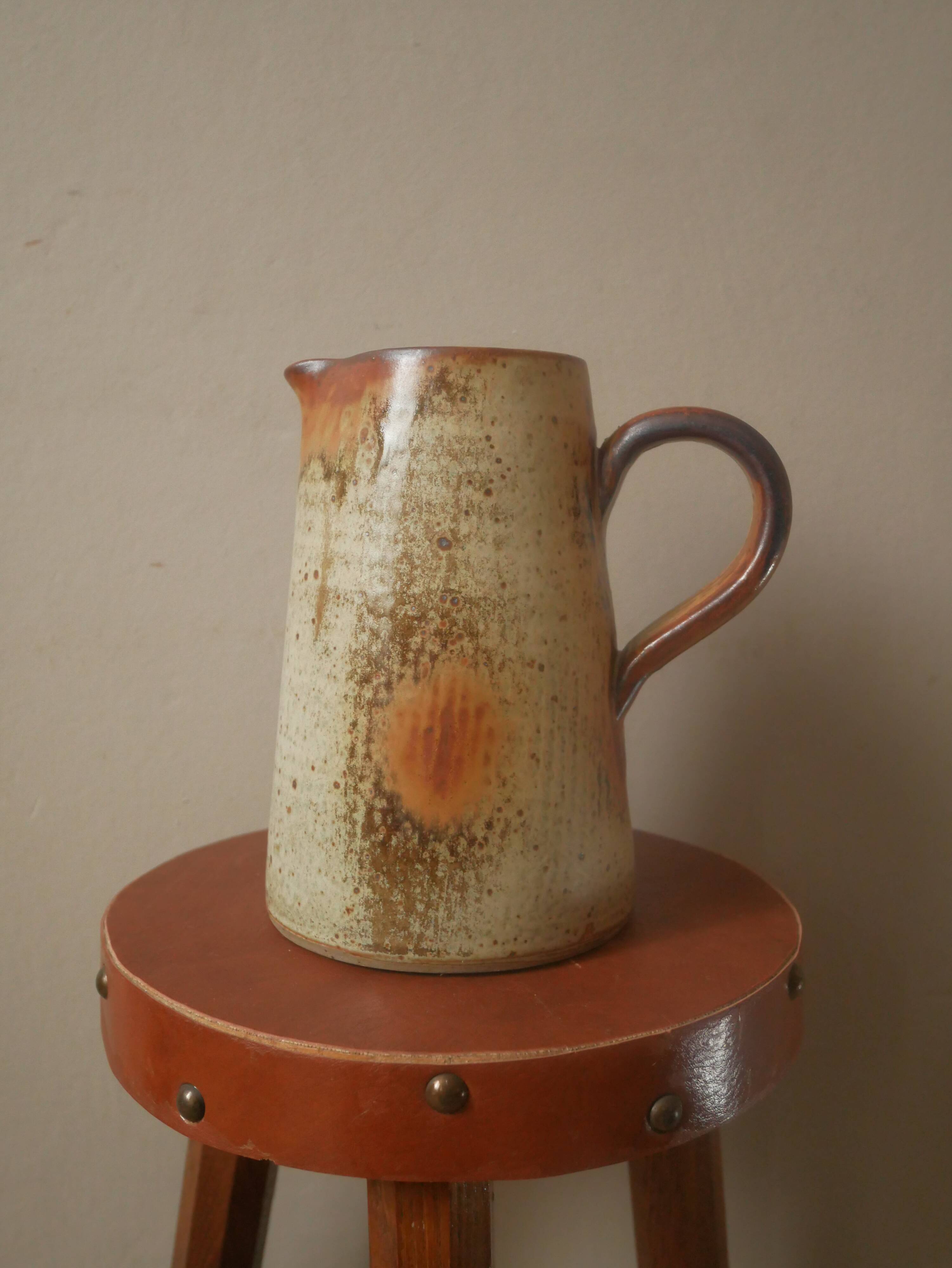Handmade ceramic stoneware pitcher vintage vase with handle Scandinavian country decoration pottery