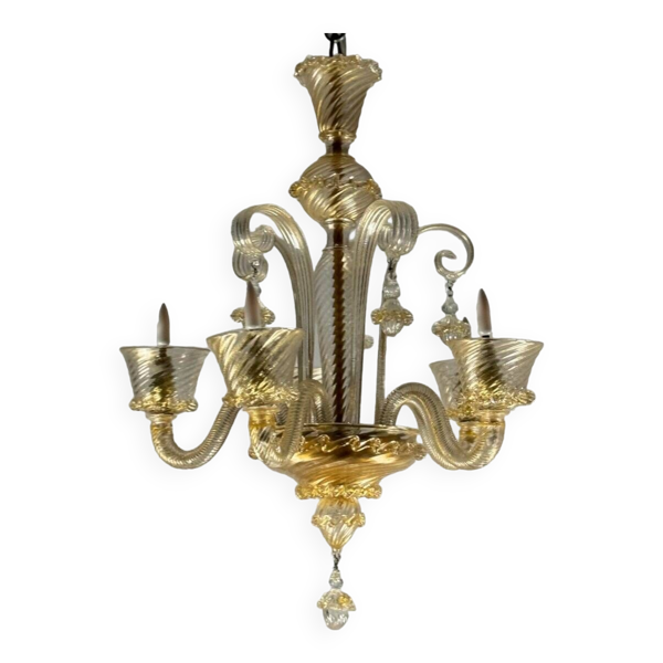 Lustre vénitien en verre de murano doré 5bras de lumière vers 1930
