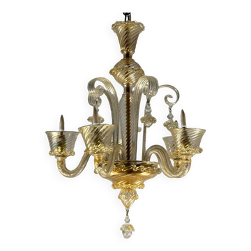 Lustre vénitien en verre de murano doré 5bras de lumière vers 1930