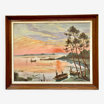 Paysage de style impressionniste français du début du 20e siècle avec un pêcheur et des bateaux
