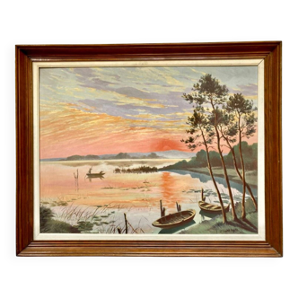 Early 20th Century French Impressionist Style Landscape With a Fisherman and Boats Oil Painting