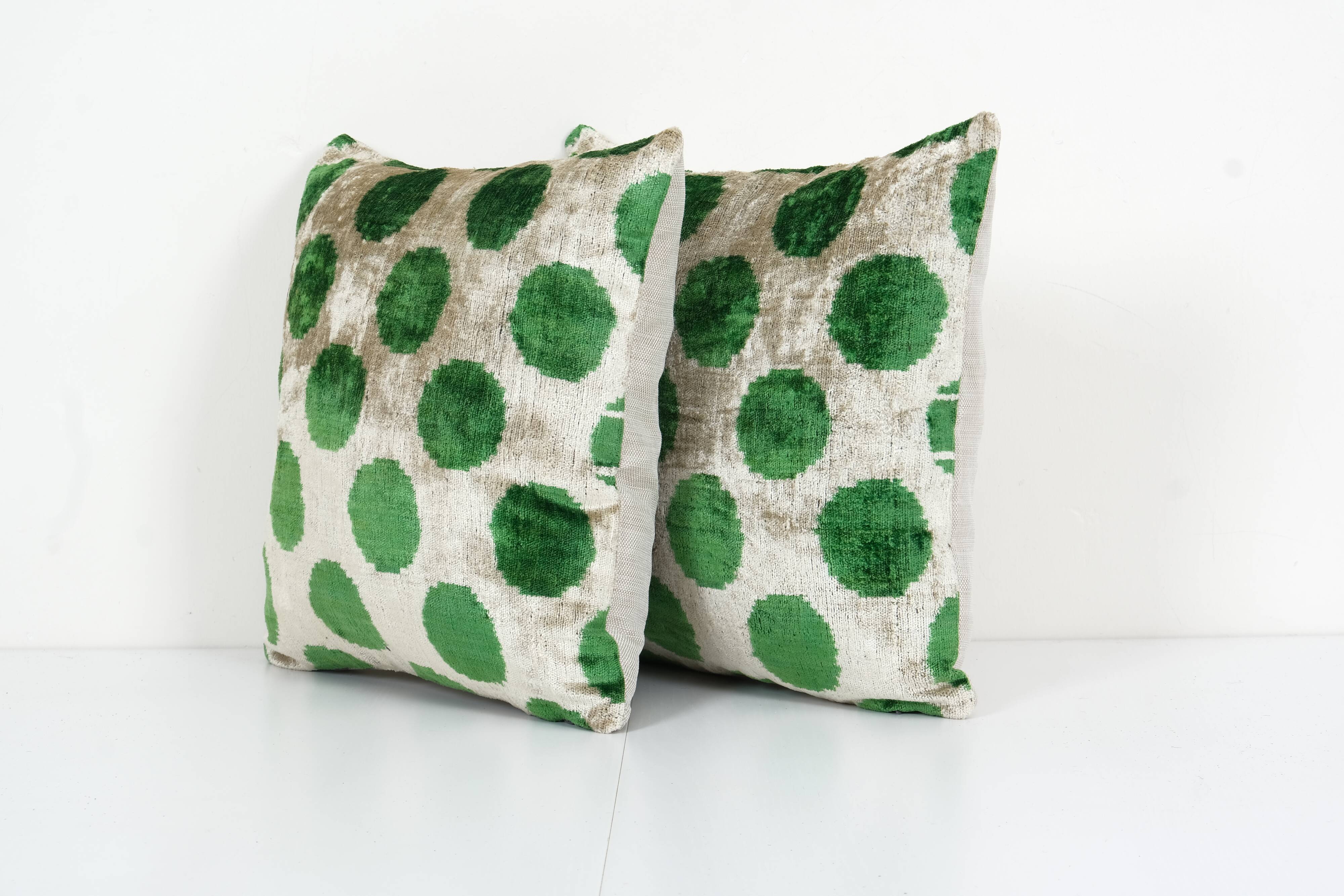 Decorative Pillows Covers, Set of Two Soft Velvet Silk Pillow, Pair Green İkat Velvet Pillow Cover