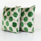 Decorative Pillows Covers, Set of Two Soft Velvet Silk Pillow, Pair Green İkat Velvet Pillow Cover