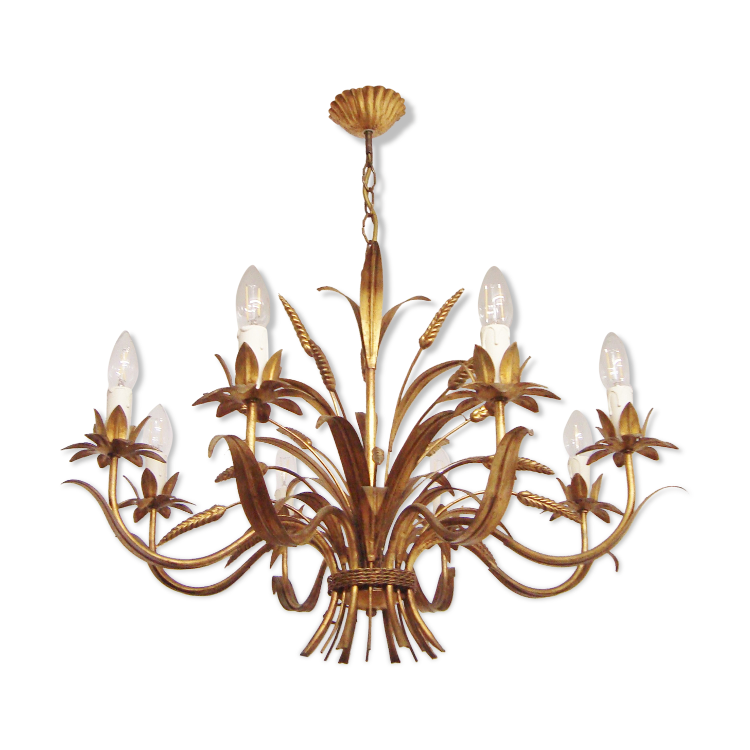 Lustre blé vintage à huit bras en metal doré