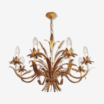 Large vintage wheat chandelier with eight arms in golden metal