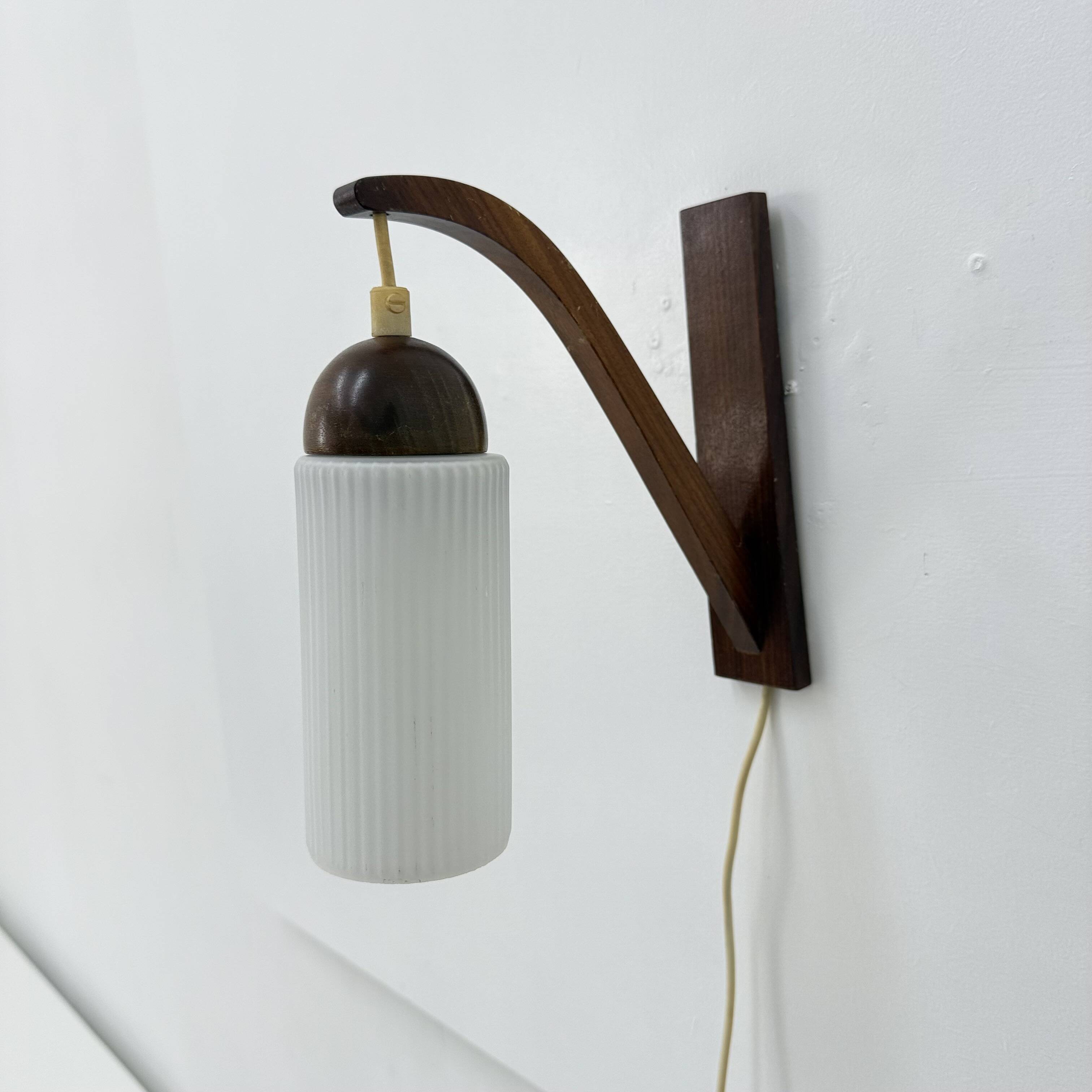 Vintage Scandinavian wall lamp with teak and opaline glass shade , 1960s