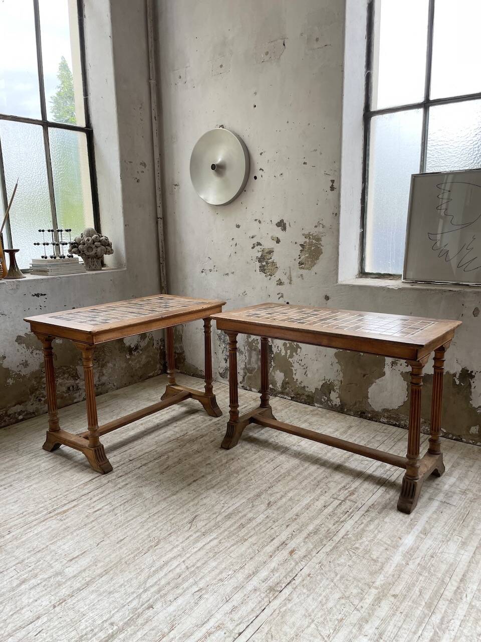 Set of two bistro tables in walnut and tiling from 1890.