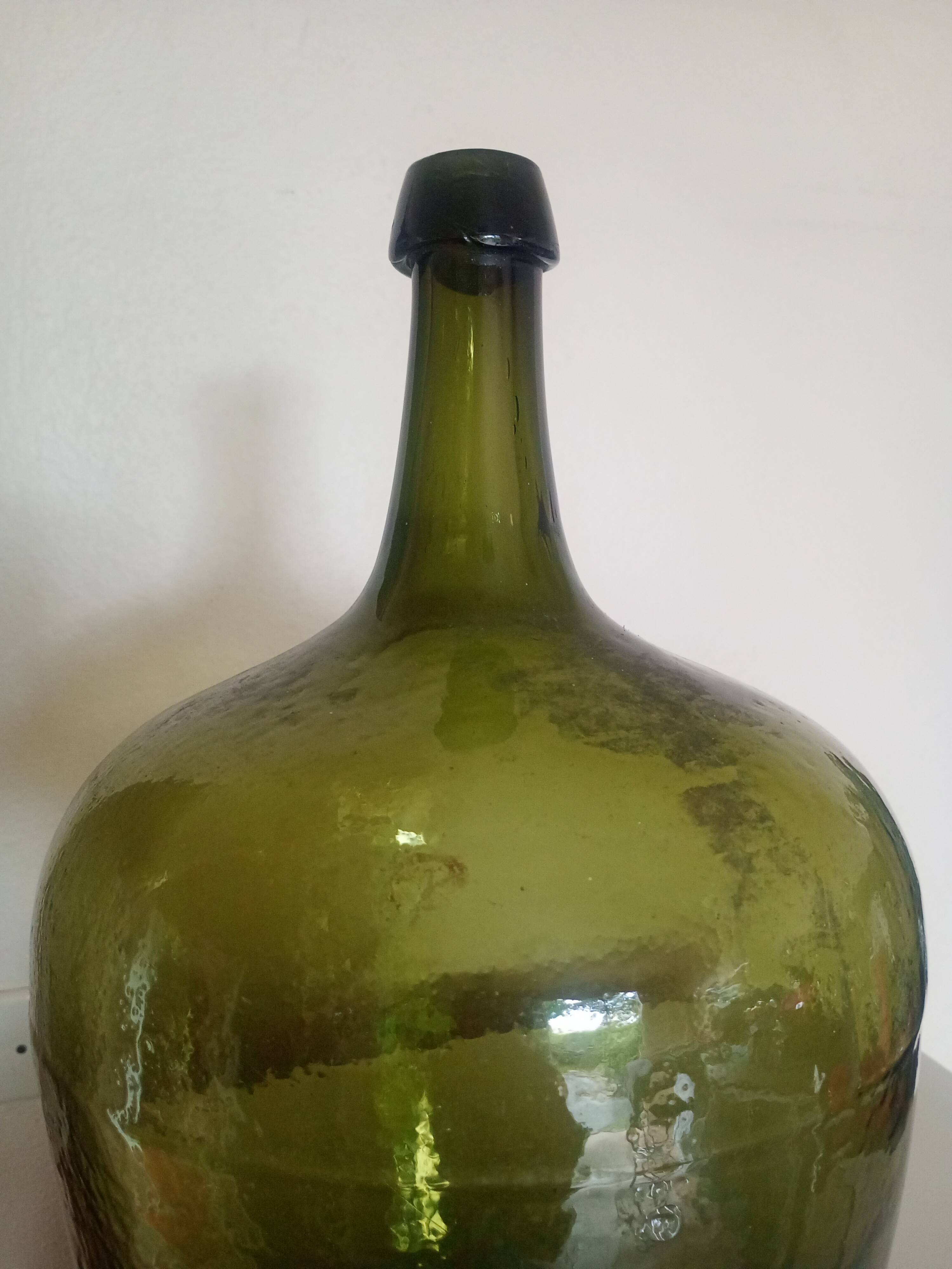 Dame-Jeanne Bonbonne ancienne verte 45cm Alsace - éclat col