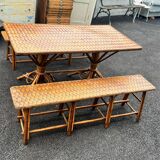 Vintage 50s set: large table - tripod base and woven chestnut benches