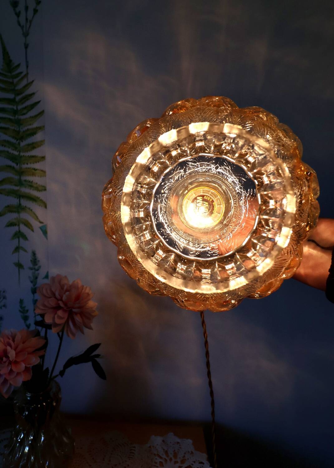 Vintage amber cut glass suspension – retro bohemian lamp