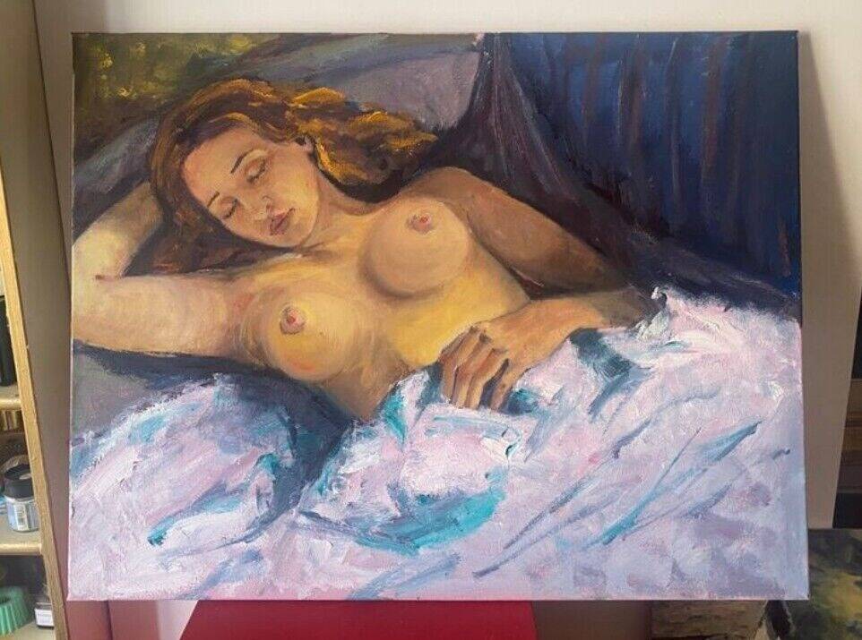 20th Century Oil Portrait Painting of a Semi-Nude Woman