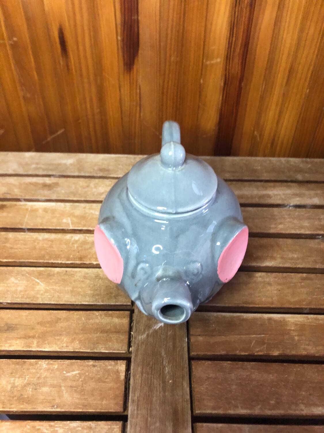 Old teapot elephant shape gray & pink ceramic vintage #a472