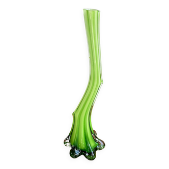 Italian Green Glass Fluted Vase in the Shape of a Bent Stem, with Elephant Foot
