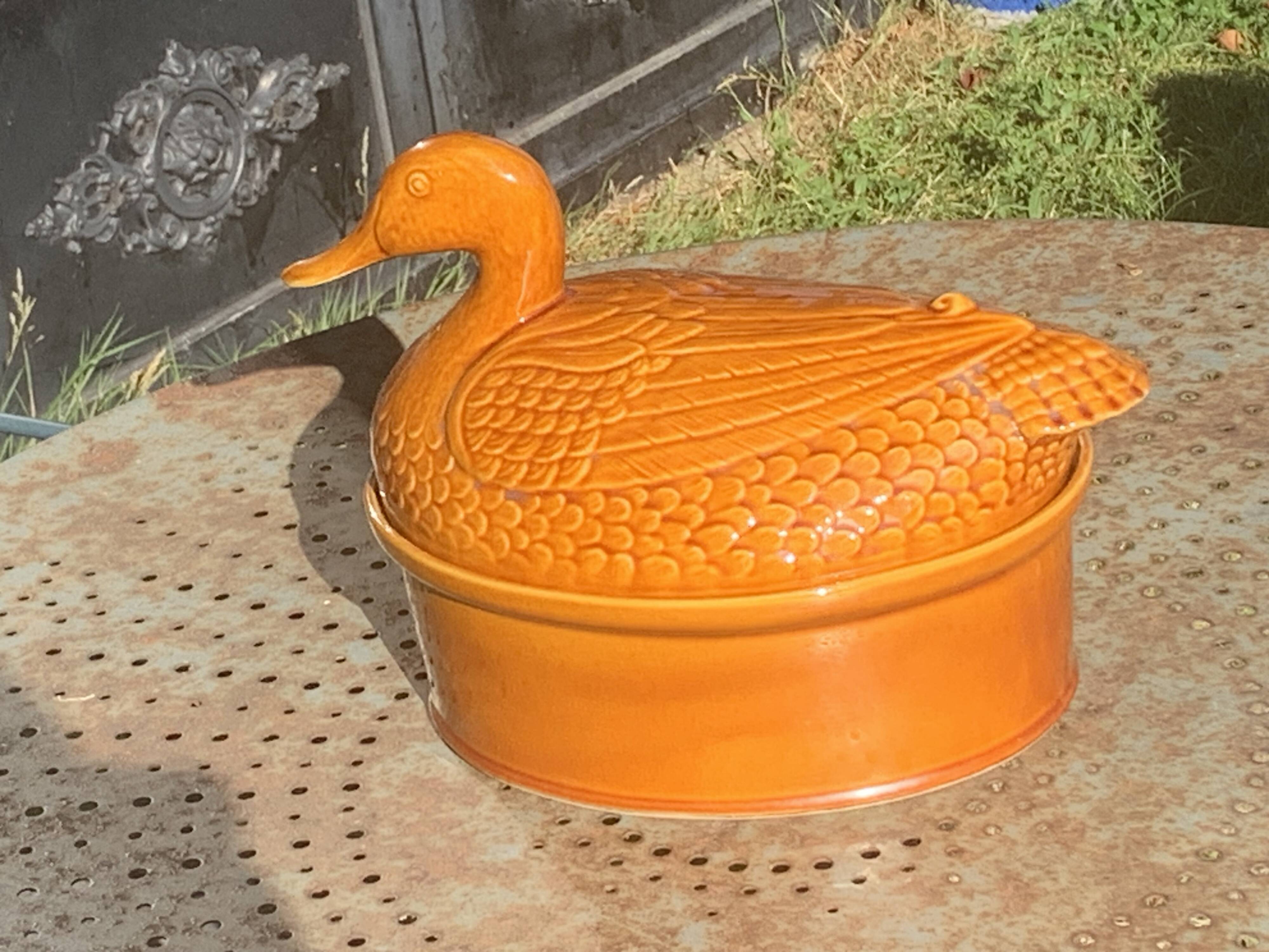 Duck, slip, glazed ceramic terrine, brown, vintage