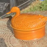 Duck, slip, glazed ceramic terrine, brown, vintage